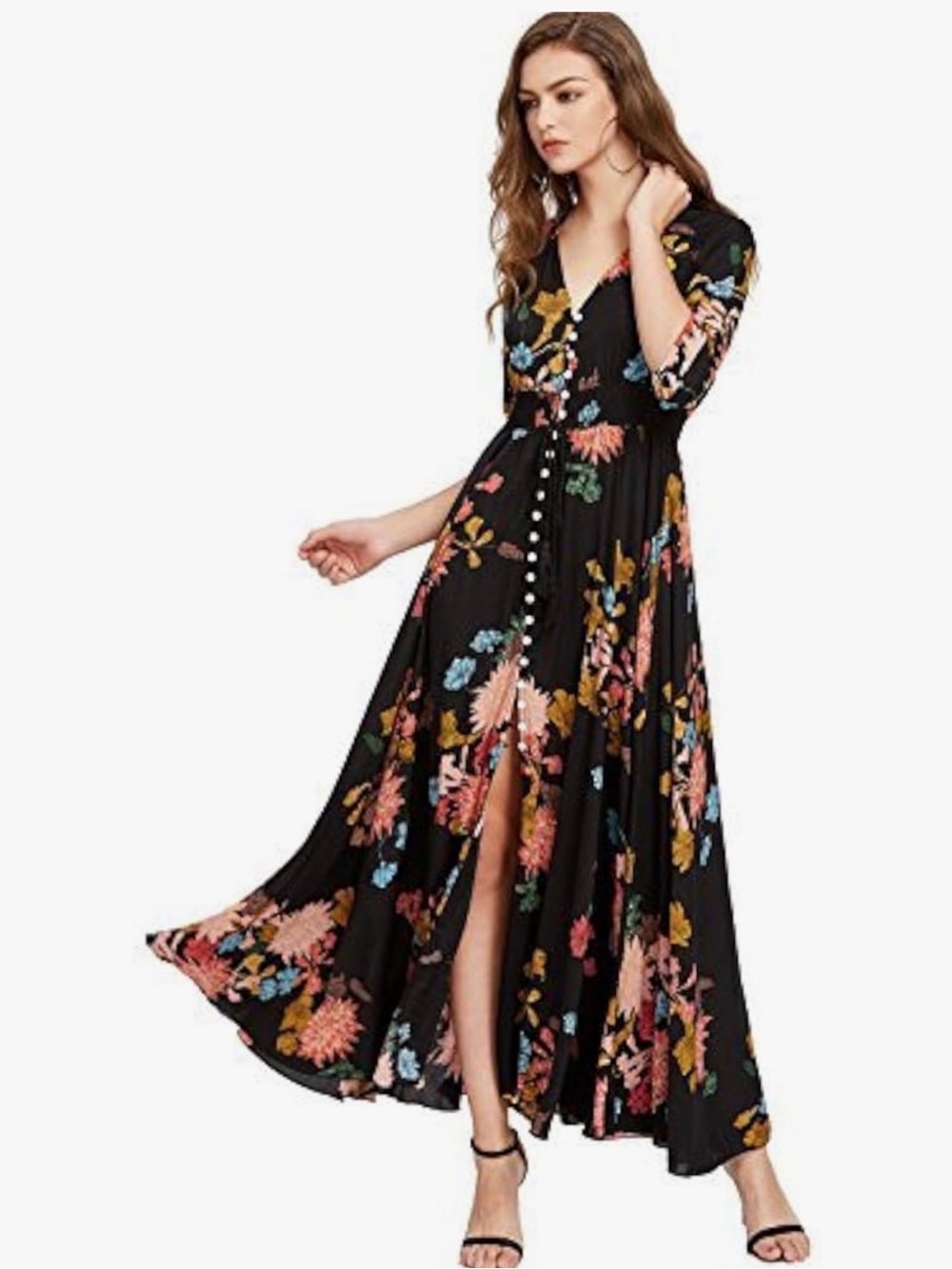 Milumia Women's Button Up Split Floral Flowy Party Maxi Dress Black & Red XL